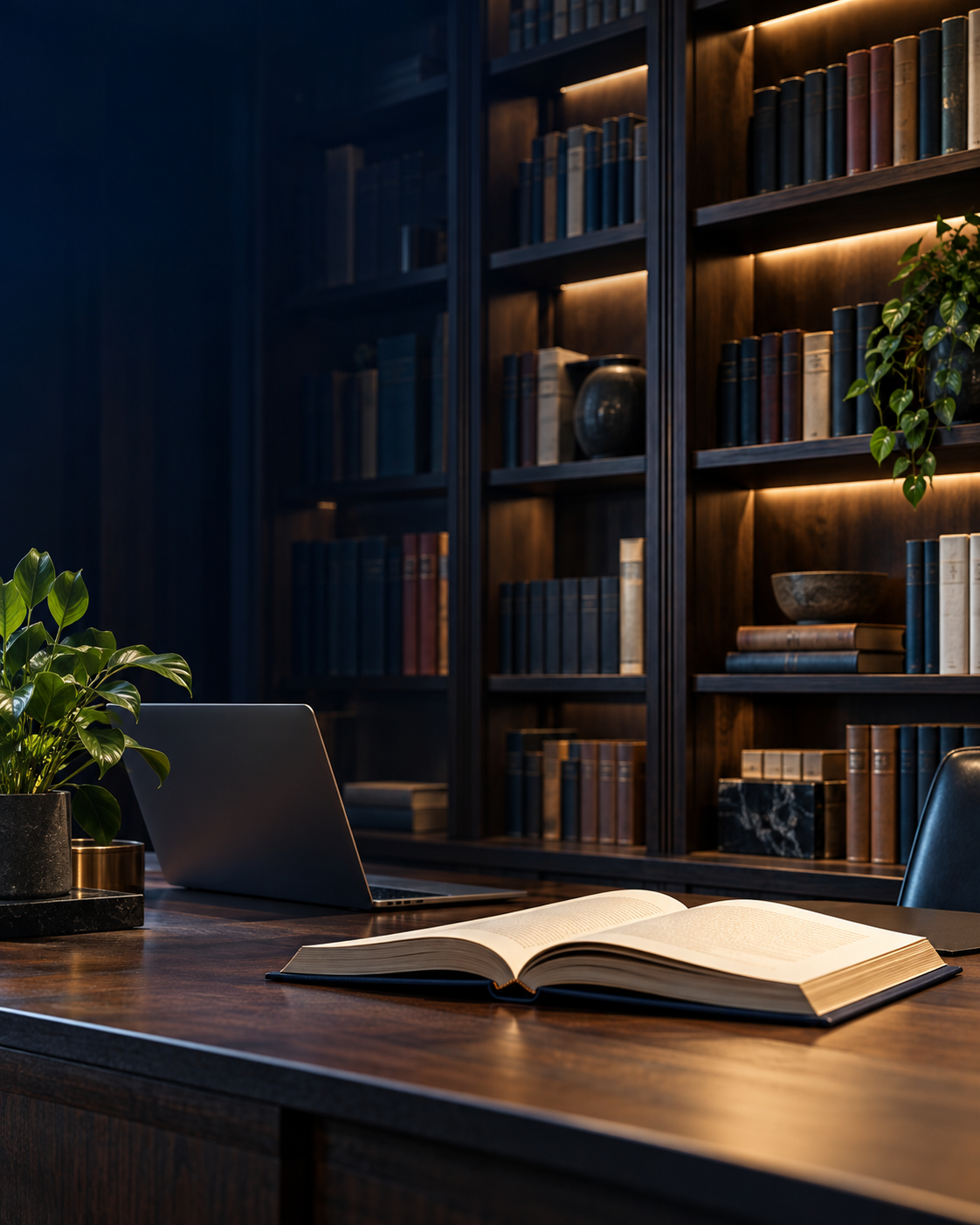 Books and laptop in a modern library
